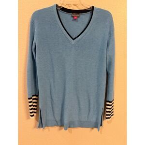 Vince Camuto V-Neck Sweater Women XS Blue Excellent Striped Cuffs Side Slit